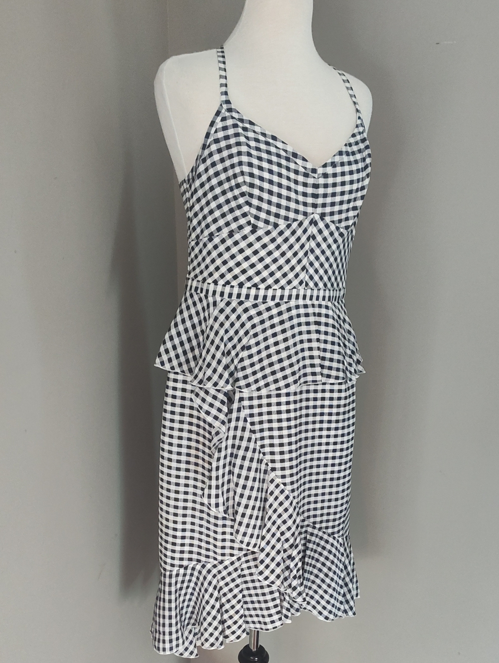J. Crew Navy and White Gingham Ruffle Midi Spagetti Straps Dress